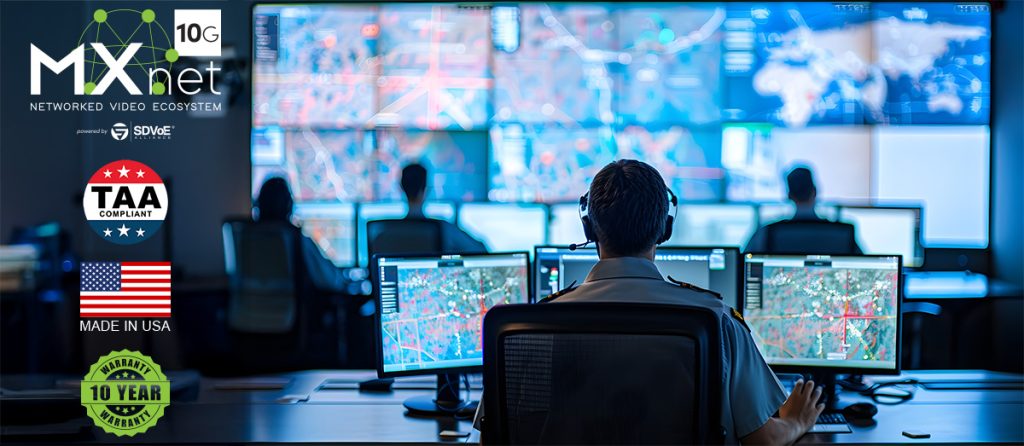 Person monitors multiple computer screens with maps in a control room, featuring various logos and certifications—including The Avit Group—on the left, highlighting the use of Marshall cameras for immersive AV spaces.