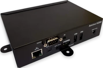 A black Amino H200 set-top box featuring ports for Ethernet, serial, HDMI, AV out, IR, reset, and two USB connections on its front panel.