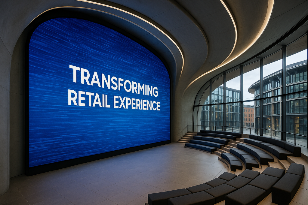 A modern auditorium with curved seating faces a large digital screen powered by 4K SDVoE, displaying the text "Transforming Retail Experience" in a contemporary glass building at Samsung KX.