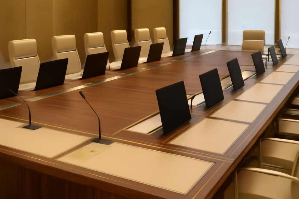A modern conference room in the Qatar Petroleum District featuring a long wooden table, beige chairs, closed laptops, executive AV solutions by Arthur Holm, and microphones arranged at each seat.