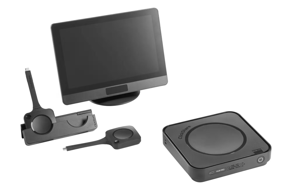 A touchscreen monitor, a docking station holding two HDMI wireless transmitters, a wireless receiver, and a round receiver device, all on a white background.