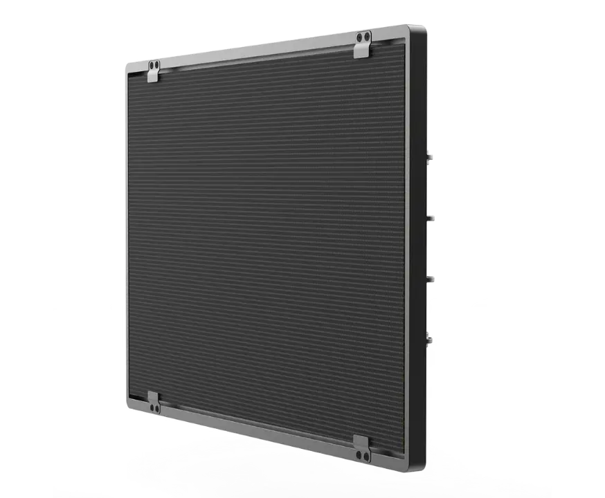 A rectangular, black, flat LED display panel positioned at an angle, featuring a dark screen with a slim frame and visible corner mounts.