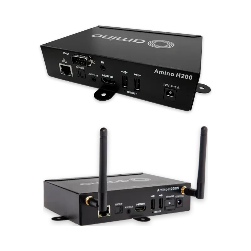 Two views of an Amino H200W media player device showing HDMI, AV, Ethernet ports, power input, reset button, and two external antennas.