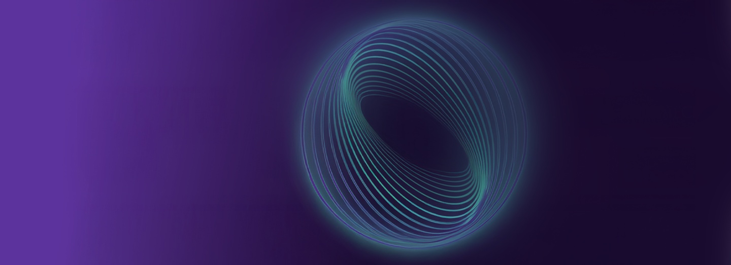 A glowing, turquoise spiral ring shape appears on a dark purple gradient background.