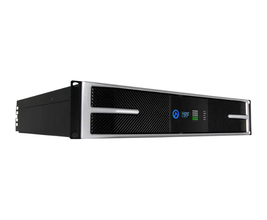 Black rack-mounted server with a digital display and silver accents on the front panel, viewed at a slight angle against a white background.