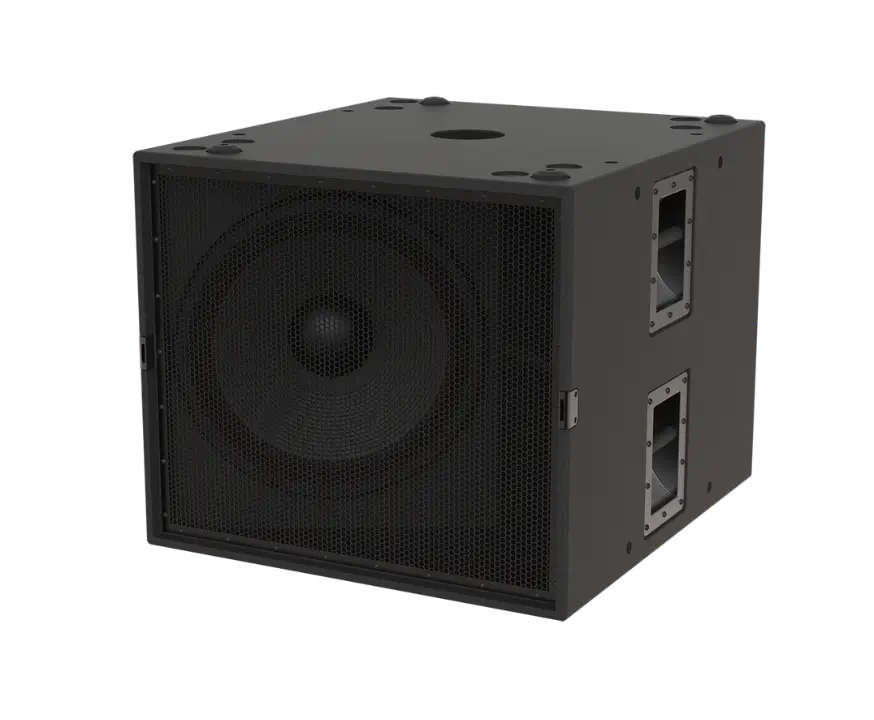 A large, black, cube-shaped speaker cabinet with a mesh front grille and side carrying handles.