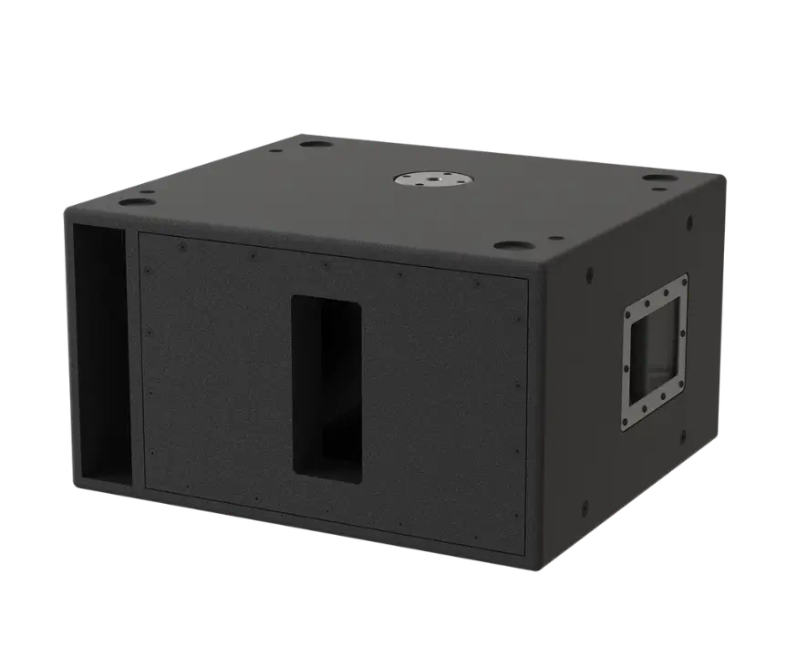 A black rectangular subwoofer speaker enclosure with a front-facing port and handles on the sides.