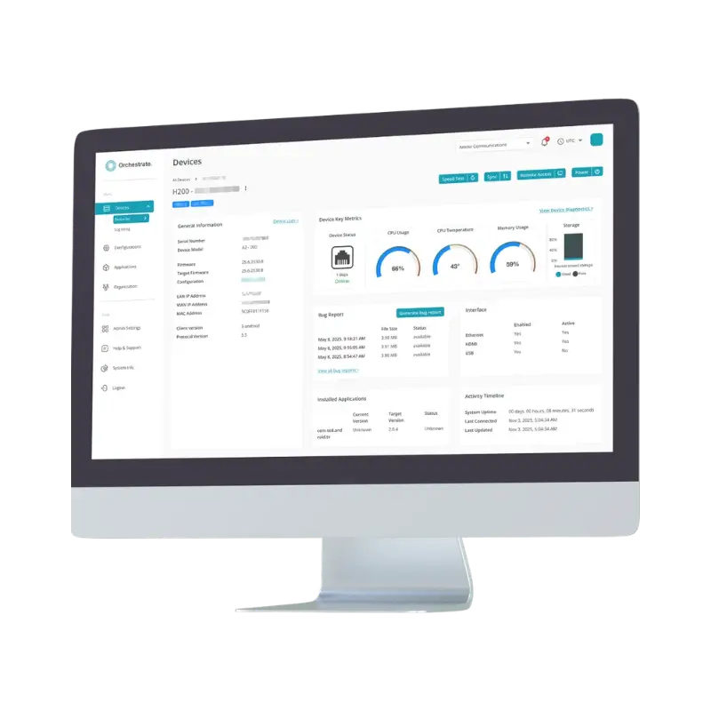 A computer monitor displays a dashboard interface with device metrics, usage statistics, and navigation menu on the left side.