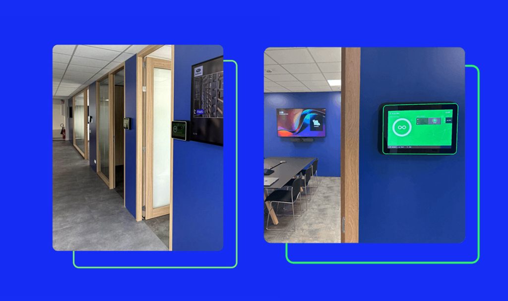 Two images show a modern office hallway and meeting room at Subaru Belux, featuring blue walls, PRODVX touch displays for digital room booking, and a wall-mounted monitor displaying charts.