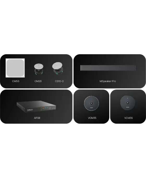 A display of six audio devices labeled CM50, CM20, CS10-D, MSpeaker Pro, AP08, VCM35, and VCM36 arranged on a black background.