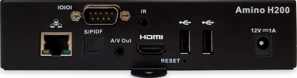 Rear panel of an Amino H200 device showing Ethernet, S/PDIF, AV Out, HDMI, reset button, two USB ports, IR, serial port, and 12V power input.