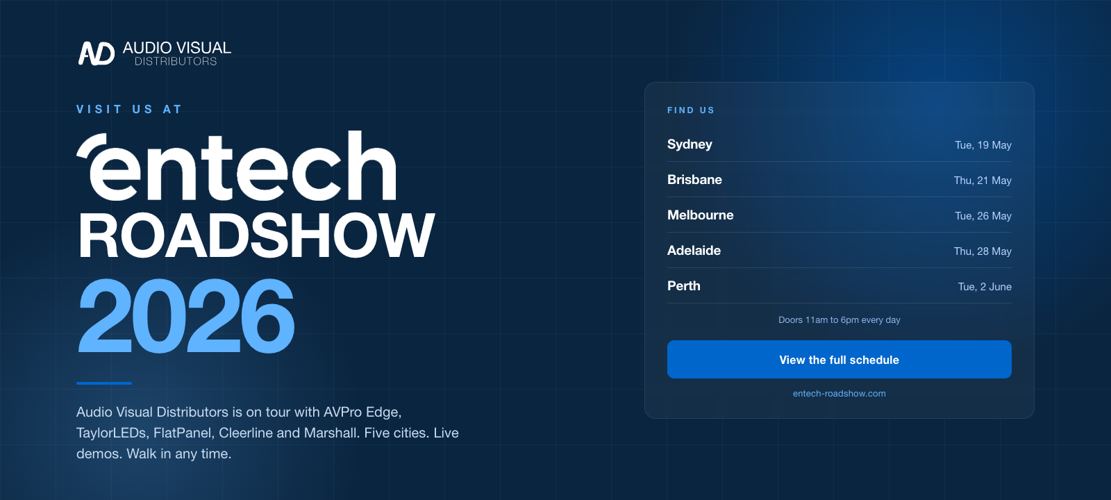 A promotional graphic for the Entech Roadshow 2026 listing tour dates and locations in five Australian cities, with event details and a button to view the full schedule.