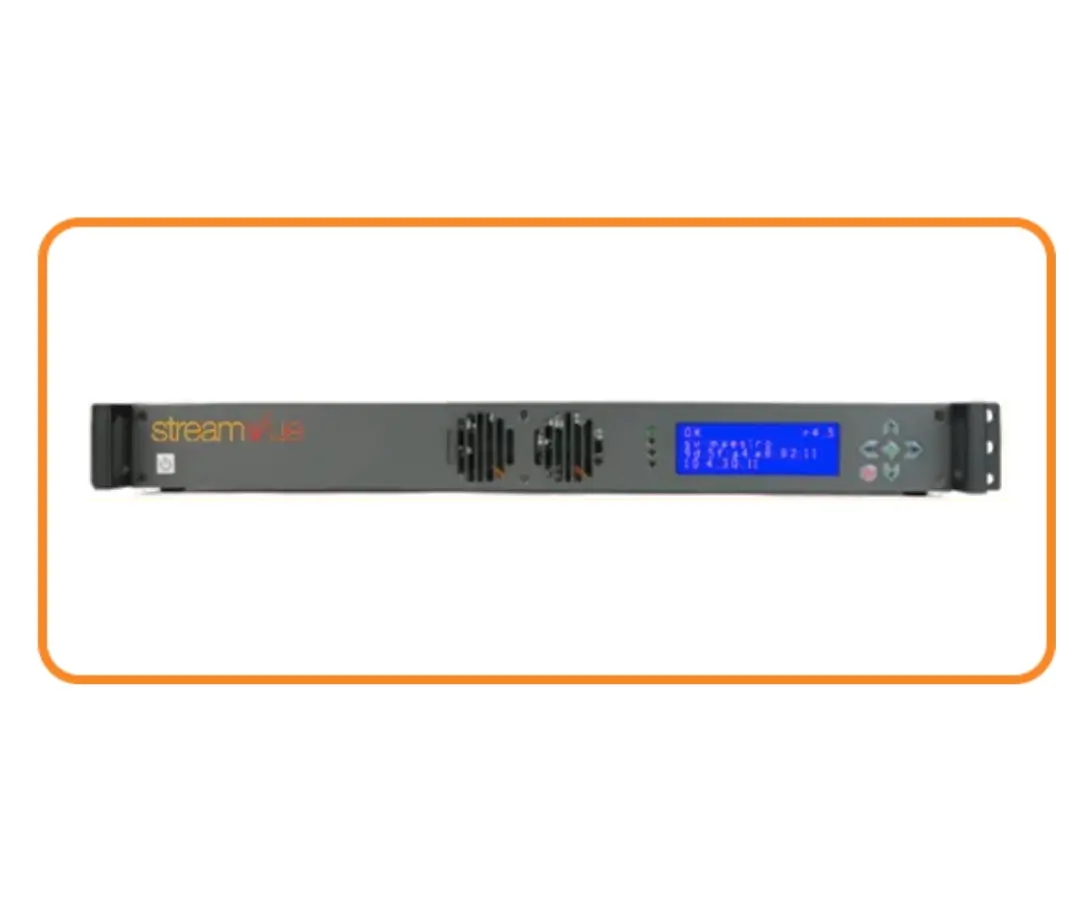 Front view of a rack-mounted StreamPlus audio streaming device with a digital display screen and control buttons.