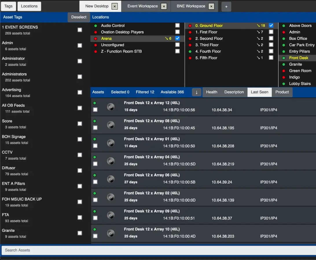 A computer interface displays a list of locations and assets, showing asset names, status, health, IP addresses, and last seen information in a table format.