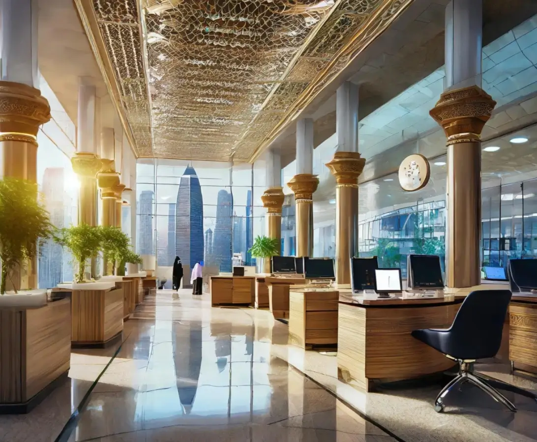Modern office interior with wooden desks, computers, tall columns, and large windows offering a city skyline view; several people in traditional attire stand near the windows.