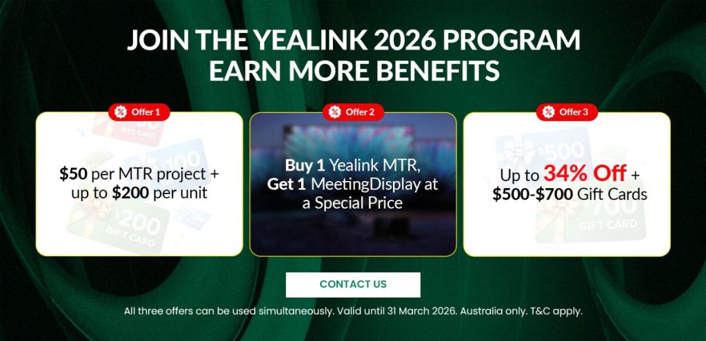 Promotional banner for the Yealink 2026 Program showing three offers: cash rewards, discounted meeting display, and up to 34% off plus gift cards. Valid until 31 March 2026.