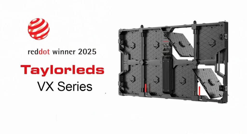 A black LED display panel from the Taylorleds VX Series is shown next to text indicating it won the 2025 Red Dot award.