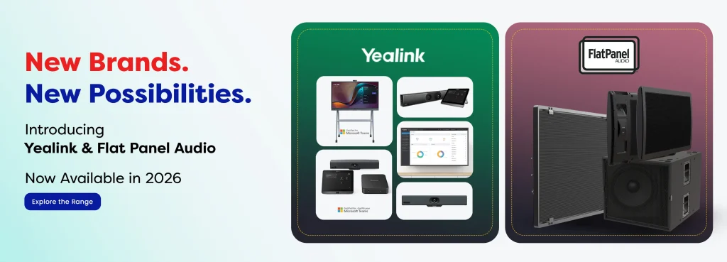Promotional banner announcing Yealink and Flat Panel Audio products, with images of audio equipment and a release date set for 2026.