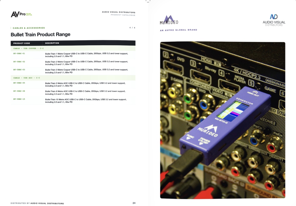 A purple Murideo device is connected to the HDMI ports of an AV receiver; product specifications are listed on the left page.