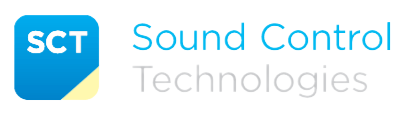 Logo of Sound Control Technologies featuring a blue square with rounded corners and the letters "SCT" inside it, alongside the company name written in blue and white text.