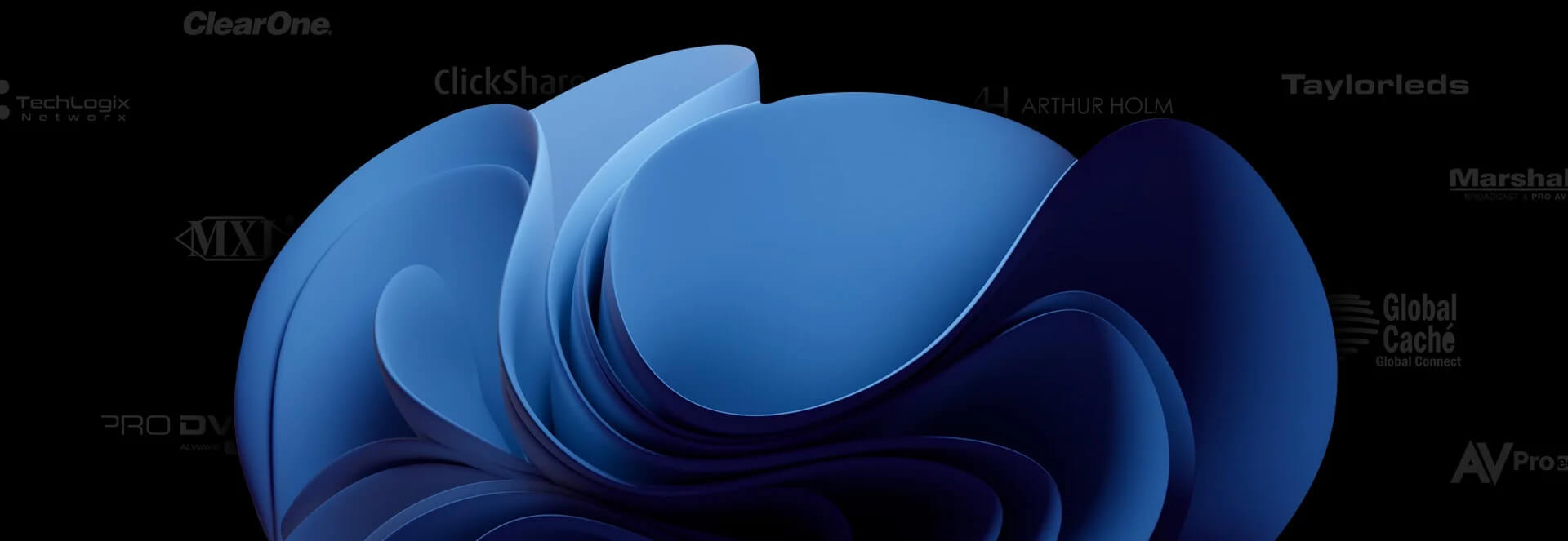 Abstract blue 3D shapes on a black background with various technology brand logos, including ClearOne, ClickShare, and Global Caché, faintly visible.