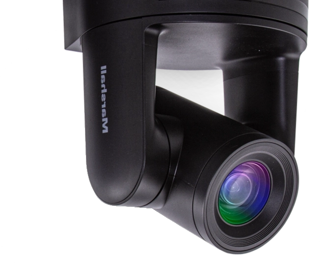 Close-up of a black camera with the lens showing multicolored reflections. The camera has "Marshall" branding on its side.