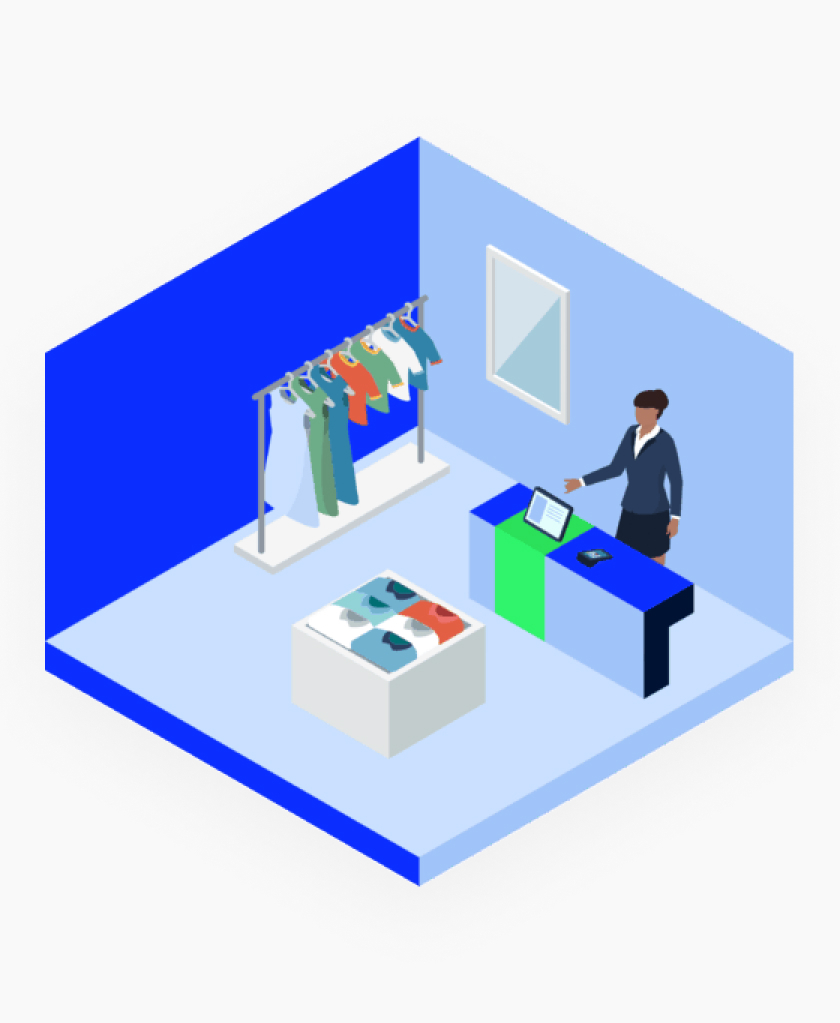 Illustration of a clothing store with garments on a rack, folded clothes on a display table, and a person behind a counter using a tablet.
