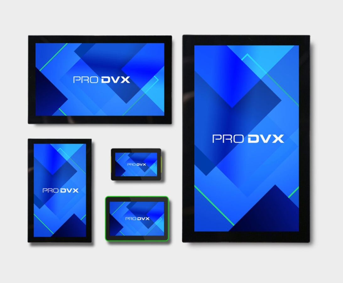 Five digital screens of varying sizes displaying a "PRO DVX" blue geometric background, arranged in a neat grid against a white backdrop.