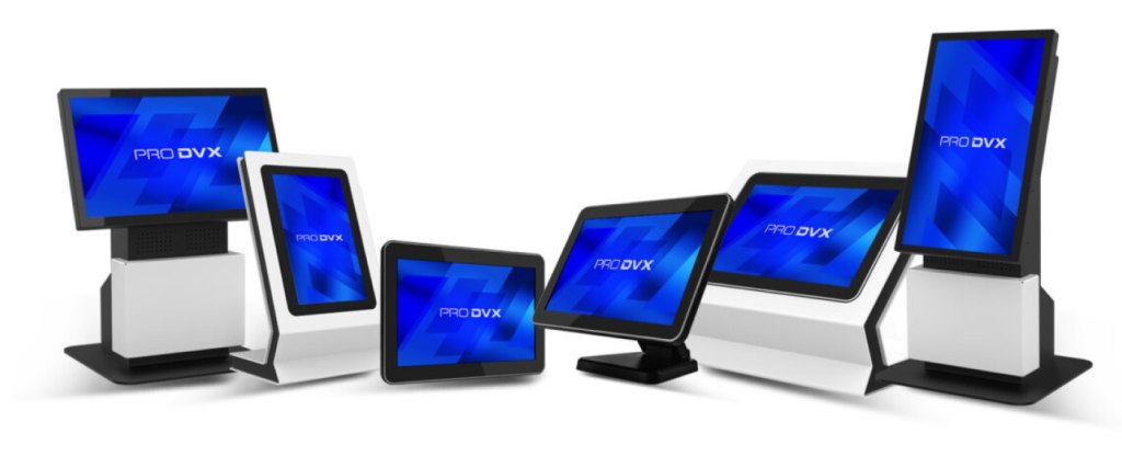 A collection of ProDVX touchscreen devices of various sizes and orientations, all displaying a blue screen with the logo.