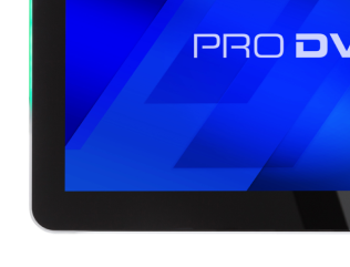 Close-up of the corner of a screen displaying the partial text "PRO DV" on a blue background.