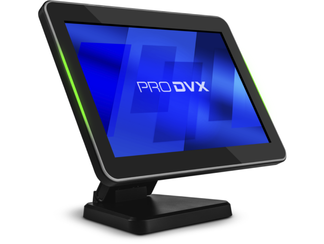 A black ProDVX touchscreen device displaying a blue screen with the ProDVX logo, mounted on a stand.