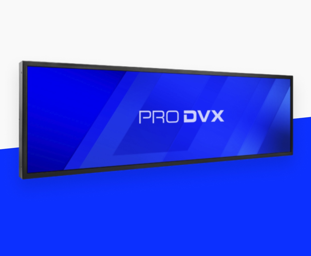 A wide, rectangular display screen with "PRO DVX" text on a blue background featuring geometric patterns.