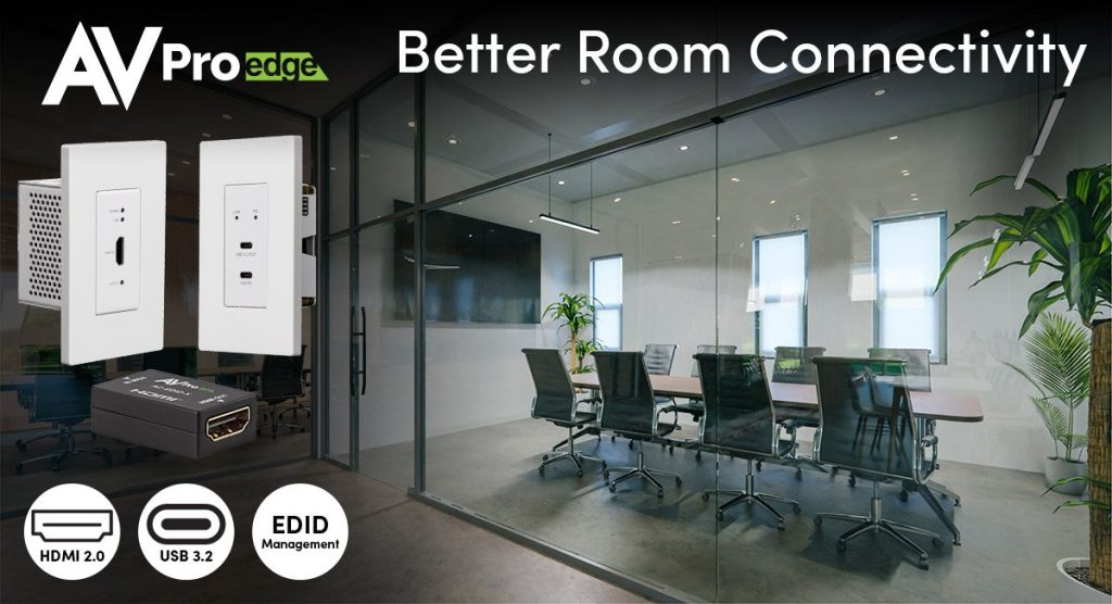 AVPro AC-CXWP-150-BKT HDMI wall plate extender, AC-EXUSB-3-WP-KIT USB extender, and AC-EDID-X EDID manager for meeting room connectivity