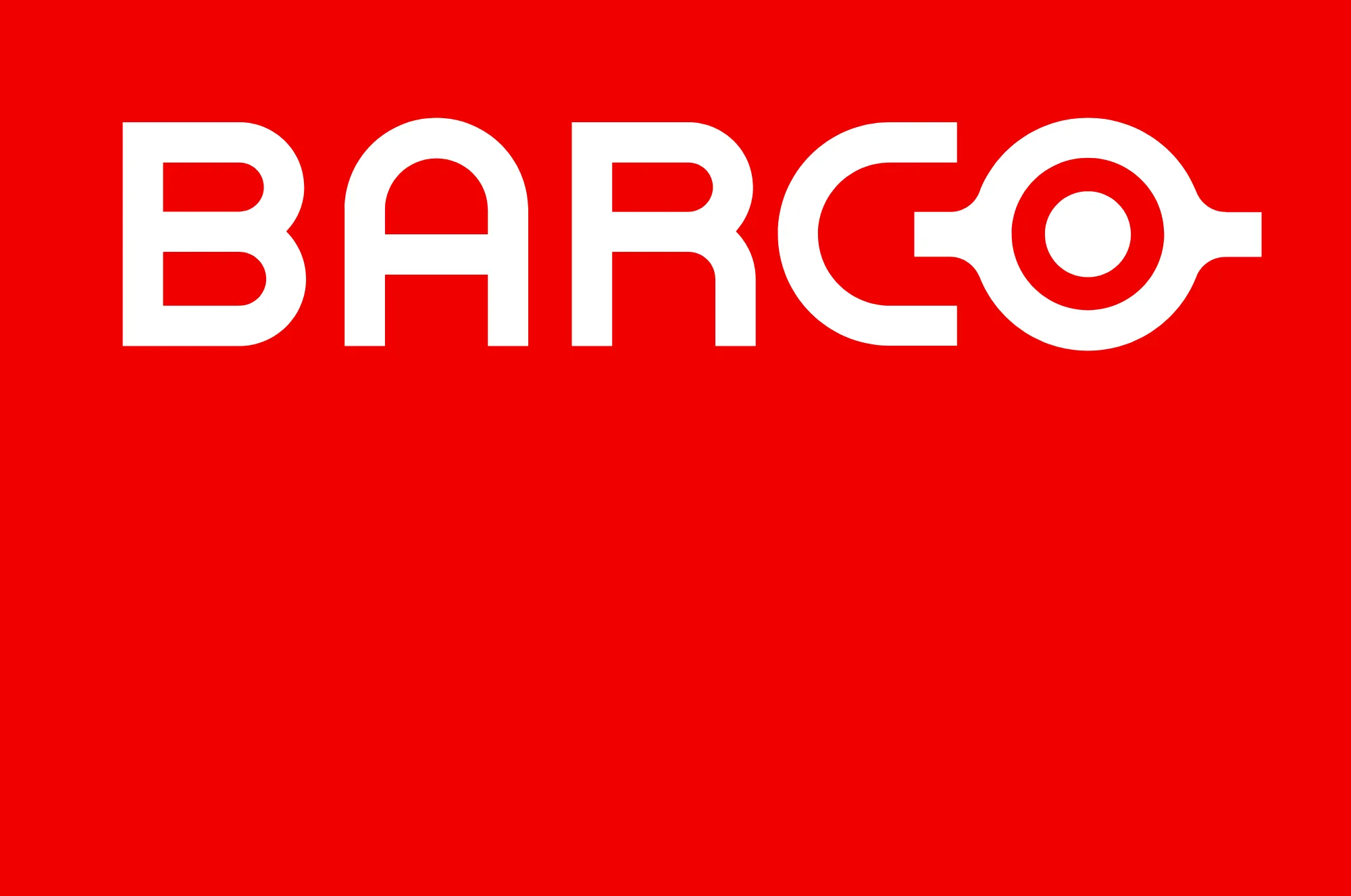 White BARCO logo with a circular graphic inside the letter "O" on a solid red background.