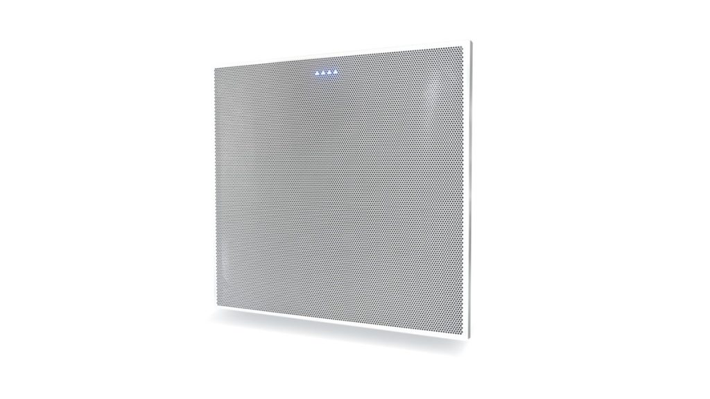 ClearOne BMA 360 beamforming microphone array ceiling tile, a square perforated white panel with blue status indicator lights, shown at an angle.