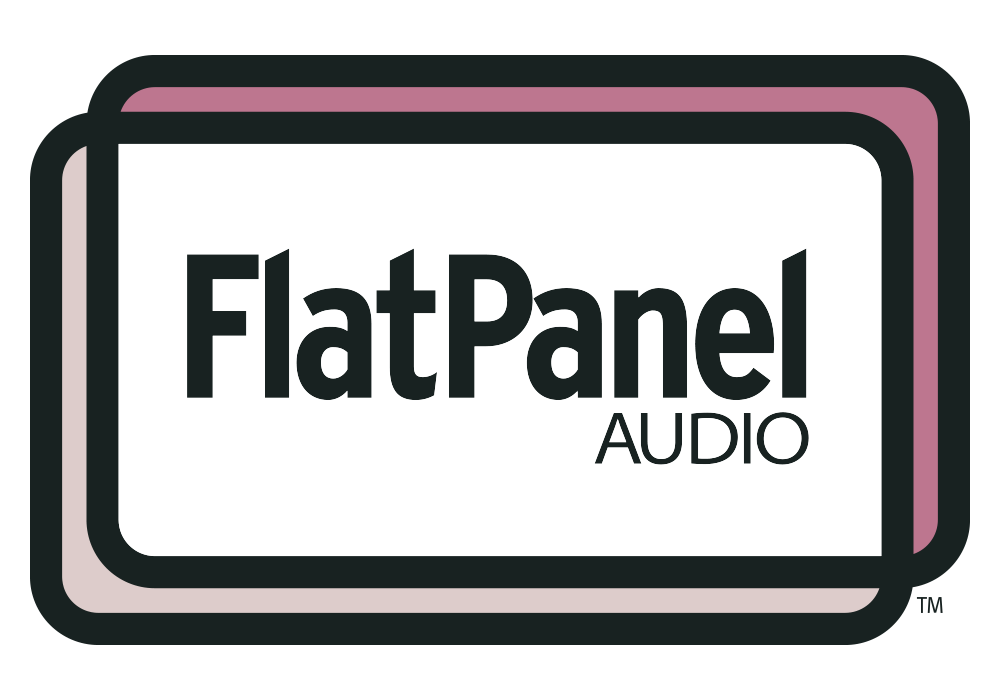 Logo showing the words "FlatPanel AUDIO" inside a rounded rectangular border with a second, overlapping pink border in the background.