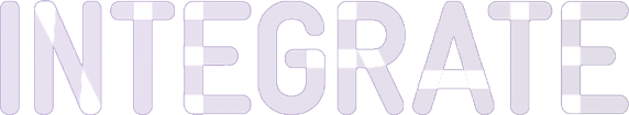 The word "INTEGRATE" in bold, uppercase, white letters with a transparent, overlapping, and striped purple background effect.