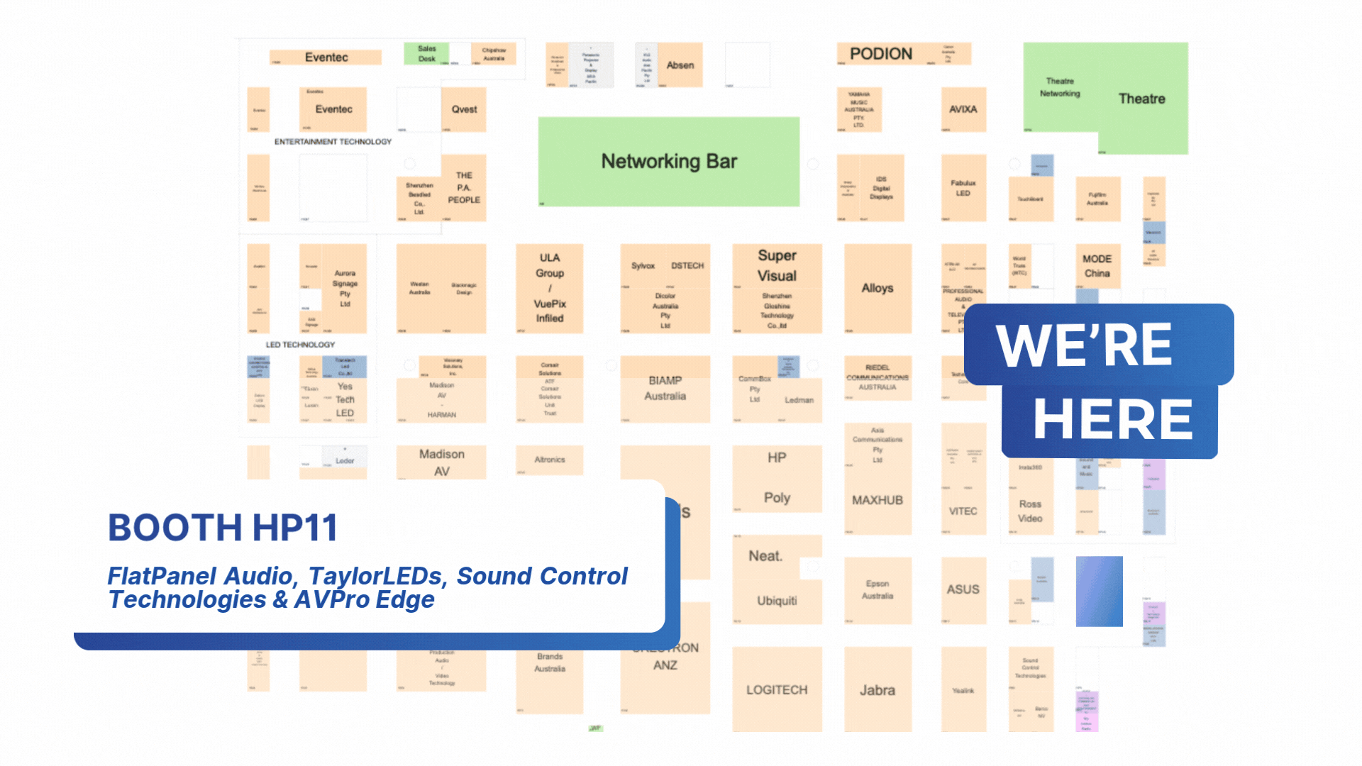 Exhibition floor plan with highlighted location for Booth HP11, labeled "WE'RE HERE," featuring FlatPanel Audio, TaylorLEDs, Sound Control Technologies, and AVPro Edge.