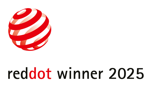 Red Dot Winner 2025 logo with a red and white striped sphere on the left and the text "reddot winner 2025" on the right.