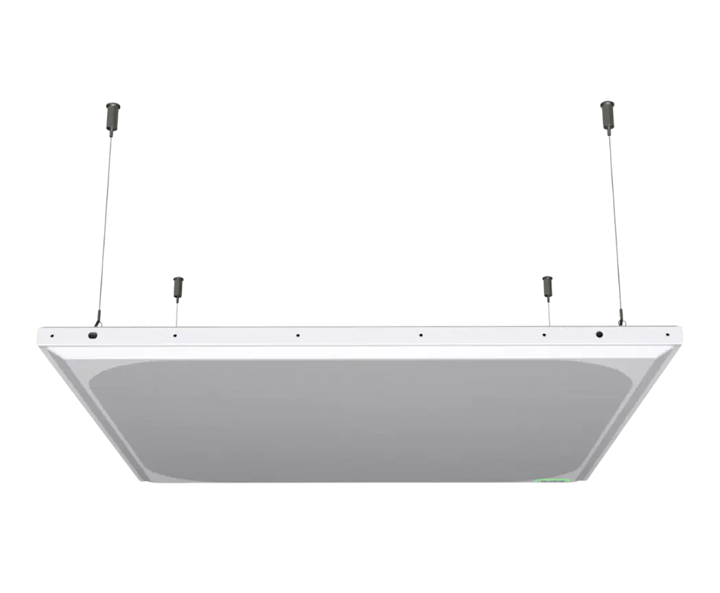 Rectangular white ceiling-mounted LED panel light with metal suspension cables, viewed from below against a plain background.