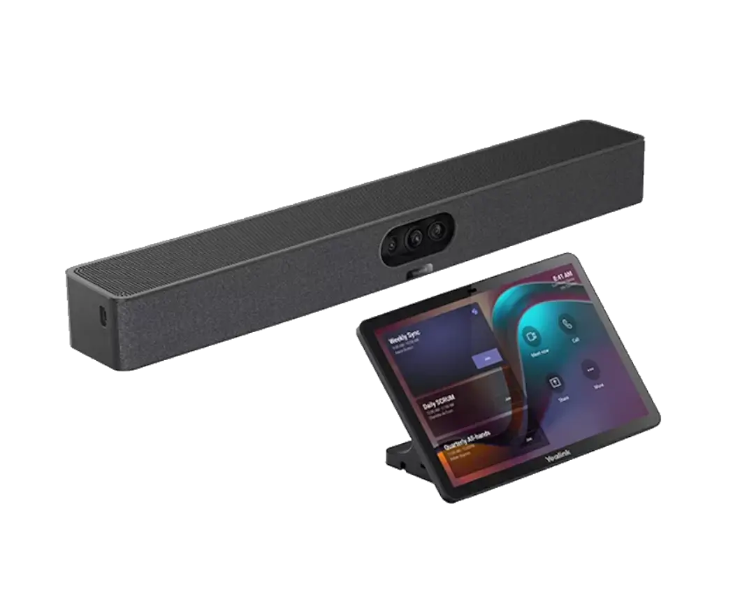 A rectangular video conferencing soundbar with built-in cameras is shown next to a touchscreen display with a meeting interface.