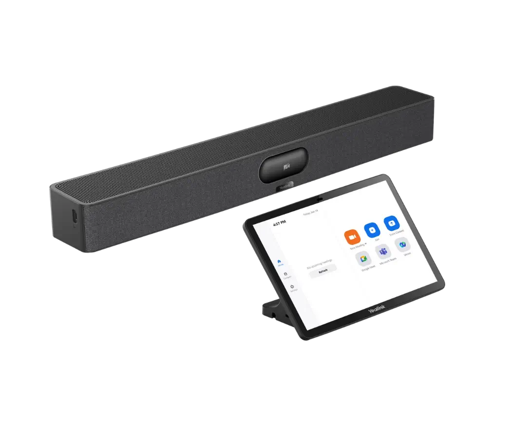 A black soundbar and a touchscreen control panel displaying a video conferencing interface, both on a white background.