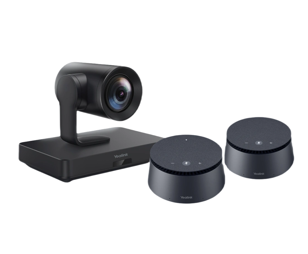 A black video conferencing camera and two circular speakerphones are displayed against a plain white background.